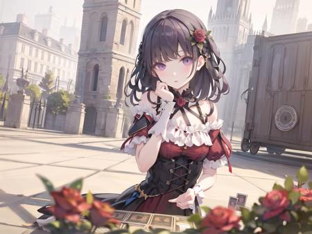 gloariah\(lora\), 1girl, solo, looking at viewer,  card, purple eyes, flower, petals, bangs, playing card, castle, red dress, black hair, short sleeves, rose, puffy sleeves, purple hair, red flower, outdoors,  blurry, building, depth of field, parted lips, off-shoulder dress,