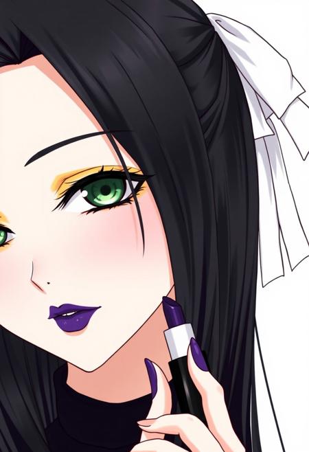 A female drawn in an anime style. She has long, black hair with a white ribbon ornament. She wears noticeable yellow makeup around her eyes. Her eyes are a deep shade of green. Her eyes are blank and emotionless. She is wearing deep purple lipstick and applying purple lipstick from a tube. Her fingernails are painted purple. The image is focused on the makeup she is wearing.