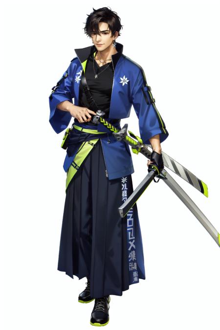 <lora:AkiFrontline:.7>1boy, male focus, gloves, sword, weapon, solo, black gloves, hair over one eye, full body, katana, jewelry, holding, jacket, looking at viewer, black footwear, short hair, black hair, japanese clothes, hakama, holding weapon, earrings, black shirt, shirt, holding sword, belt, necklace, standing, brown hair, boots, smile, black eyes, brown eyes, long sleeves, sheath, bangs, blue jacket, wide sleeves, closed mouth, zipper, skirt, hakama skirt, shaded face , extremely detailed, (dynamic pose), <lora:shadedFaceEyesIn_shadedFace:.2>