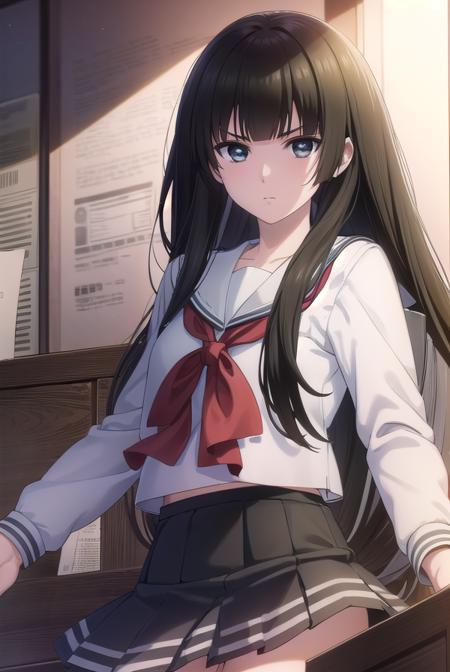 mikotokuga, <lora:mikoto kuga s1-lora-nochekaiser:1>,
mikoto kuga, long hair, bangs, black hair, blunt bangs, (black eyes:1.3),
BREAK skirt, long sleeves, bow, school uniform, white shirt, serafuku, black skirt, sailor collar,
BREAK indoors, classroom,
BREAK looking at viewer, (cowboy shot:1.5),
BREAK <lyco:GoodHands-beta2:1>, (masterpiece:1.2), best quality, high resolution, unity 8k wallpaper, (illustration:0.8), (beautiful detailed eyes:1.6), extremely detailed face, perfect lighting, extremely detailed CG, (perfect hands, perfect anatomy),