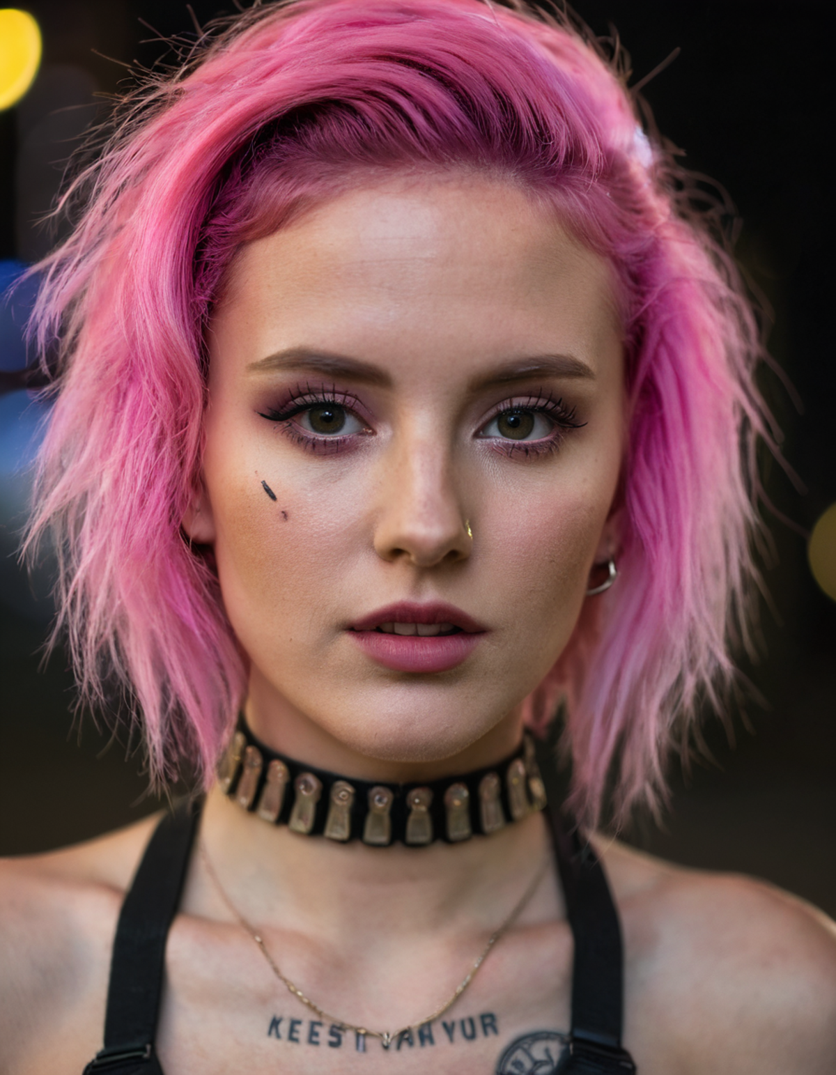 A close-up portrait of a cyberpunk girl, (pink hair:1.2), multiple facial piercings, neon-lit urban backdrop, futuristic f...