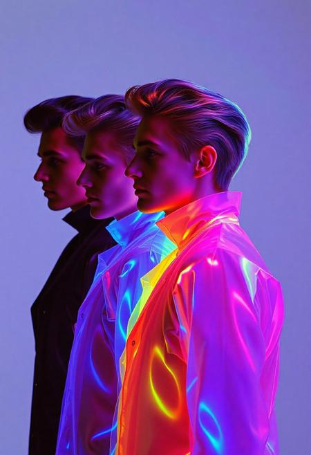 4 Caucasian Male models  , all identical but in different stances , crystallisation, schizophernia, bioluminescent Jem the Hologram, surreal psychedelic flowing avant-garde art by Yoh Nagao and Erik Madigan Heck and Alan Aldridge, 1980's new wave totally radical fashion.,side view, side eye,