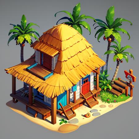 ((masterpiece,best quality)), absurdres <lora:Isometric_Setting:0.7>, Isometric_Setting, tropical beach and palm trees, tiny hut,