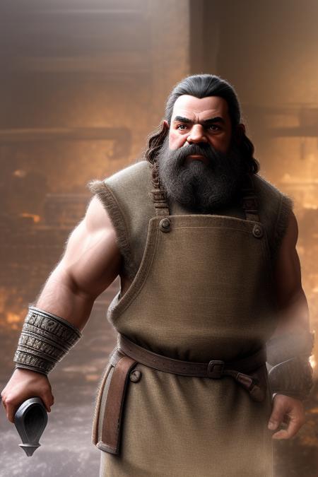 (Disgusting:1.3) digital art of a realistic dwarf, man, close up, action pose, (blacksmith:1.5), (apron:1.3), cleather pans, muscular, (smithy:1.2), (anvil:1.3), (indoors:1.4), (forge:1.2), (hammer:1.2), intricate details, detailed, <lora:Dwarf_Diffusion:0.9>, epic realistic, faded, ((neutral colors)), art, (hdr:1.5), (muted colors:1.2), pastel, hyperdetailed, (artstation:1.5), warm lights, dramatic light, (intricate details:1.2), vignette, complex background, rutkowski