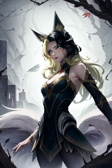 (masterpiece:1.2, best quality), ahri \(league of legends\), AhriCoven, 1girl, blonde hair, multicolored hair, fox tail, tail, solo, looking at viewer, closed mounth, standing, cowboy shot, upper body, overgrown city, wasteland, leaves, urban, debris, decay, vines and roots, detailed background, complex structures, hyperdetailed sharp face, dynamic pose