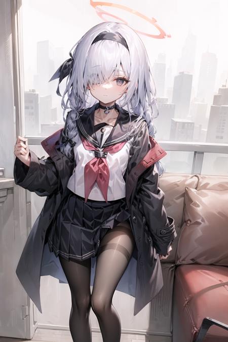 city_background, 

1girl, solo, halo, pantyhose, long hair, skirt, braid, hair over one eye, hairband, neckerchief, choker, white hair, standing, sailor collar, school uniform, black choker, long sleeves, looking at viewer, black hairband, serafuku, shirt, black pantyhose, pleated skirt, black skirt, open clothes, bangs, black serafuku, closed mouth, black shirt, collarbone, black sailor collar, white neckerchief, couch, single braid, coat, grey eyes, hair ribbon, black coat, ribbon, open coat, white shirt, side braid,


 <lora:PuranaV1.5:1>