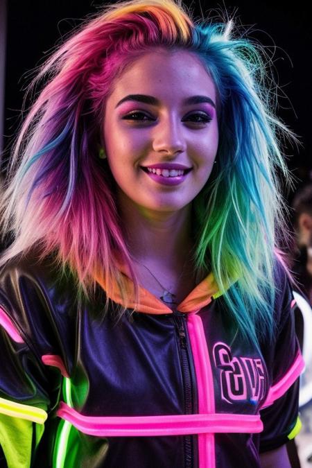 score_9, score_8_up, score_7_up, score_6_up, beautiful 19 year old girl, colored hair, neon lights, rave, rave clothing, crowd, nighttime, dusk, smiling, ultra realistic, big lips, (masterpiece, best quality, highres:1.2), (photorealistic:1.2),