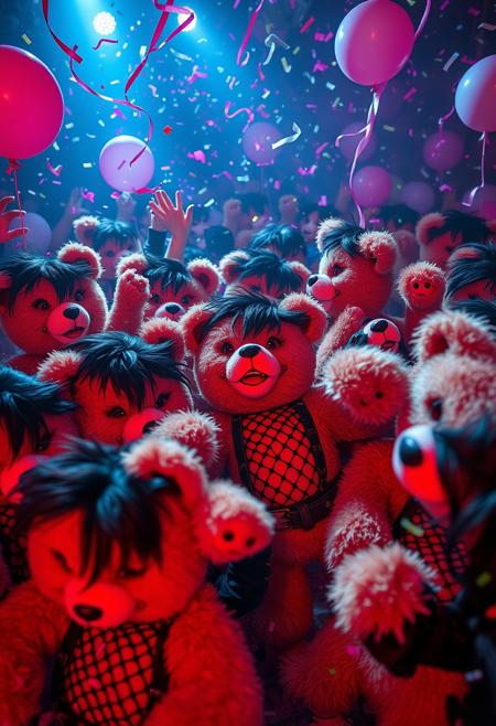 "Image of a crowd of emo teddy bears, each with lip piercings and black emo hair, wearing ripped fishnet shirts and skinny jeans, in the midst of a wild rave party. The bears are packed into a mosh pit, dancing like crazy and slamming into each other with abandon. The air is thick with confetti and balloons, and the lights are flashing wildly to the beat of the music. The bears' faces are contorted in ecstasy, their eyes closed in rapture as they let loose and lose themselves in the music. Style: high-energy, chaotic, and playful, with a focus on capturing the frenetic energy and joy of the rave party." Absurdres Highest-Quality, 4k