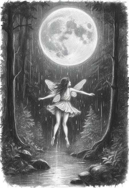 Hand-drawn sketch, overhead view of a fairy mid-leap in a rain-soaked forest under a full moon. Wet scene, reflective surfaces, drizzling rain, rough pencil strokes, textured, white background.