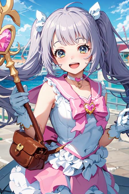 irohawds, looking at viewer, blush, smile, open mouth, shirt, gloves, bow, holding, twintails, white shirt, :d, heart, outdoors, frills, sky, sleeveless, solo focus, choker, day, cloud, white gloves, sailor collar, bag, magical girl, pink bow, staff, wand, holding wand