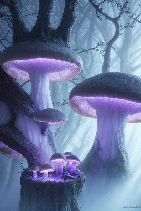misty enchanted forest, glowing mushrooms scattered on the forest floor, ancient trees with twisting branches, soft blue and purple lighting, gentle fog rays through trees, fantasy magical vibe, high detail forest floor