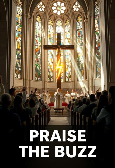 A detailed view of the interior of a great cathedral during sunday service. Shafts of light spill in through the translucent multicolored stained glass windows into the white marble interior. The wooden pews are filled with worshipers gazing in awe at the ritual before them, some raise their arms in supplication. The priests in full ceremonial clothing are gathered around the cross at the head of the church, one is facing the worshipers and preaching to them. The huge cross is the center of the scene, instead of Jesus or any other person being mounted on it it has a large golden glowing 3d lightning bolt symbol on it, which is the focus of everyone's attention. The atmosphere is cinematic, with hyper-realistic detail, and a sense of awe pervading the scene. White text along the middle bottom of the scene spells out the words "PRAISE THE BUZZ"