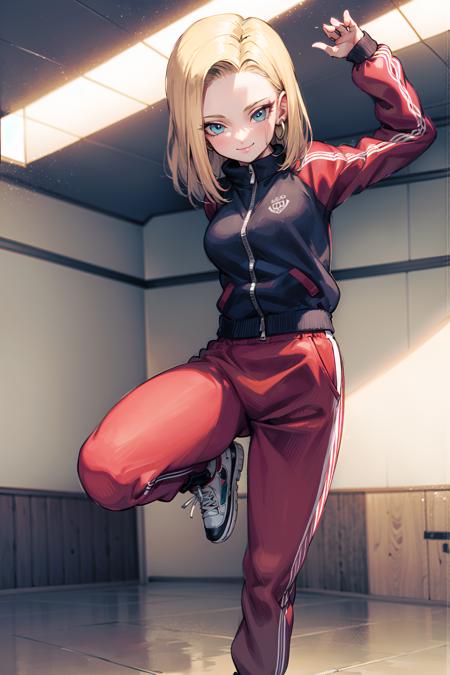 masterpiece, best quality, ultra-detailed, absurdres, Potrait of beautiful Android18DB, solo, earrings, jewelry, looking_at_viewer, jacket, smile, pants, track_jacket, track_suit, track_pants, black_pants, volumetric lighting, best quality, masterpiece, intricate details, tonemapping, sharp focus, hyper detailed, trending on Artstation, <lora:Android18DB:1>