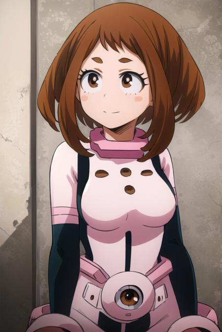 ochako uraraka, (uraraka ochako:1.2), (brown eyes:1.5), brown hair, short hair, blush, blush stickers, (bodysuit:1.5), skin tight, superhero, bare shoulders, pants, black shirt, tank top, blue pants, black tank top, track pants, skirt, shirt, school uniform, white shirt, short sleeves, pleated skirt, necktie, collared shirt, red necktie, u.a. school uniform,