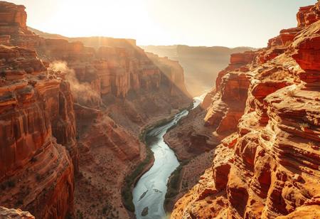 A high quality photo taken on the bottom of a beautiful canyon. a winding river runs in the center and sparse vegetation grow on the cliff wall sides. dust in the air, effortlessly chic, beautiful, artistic, serene, detailed, slightly cluttered environment. High detail, 4k, super realistic, real photo, golden hour, shot on Canon, camera, orange dreamy lighting, vibrant colors, zoomed out, god rays