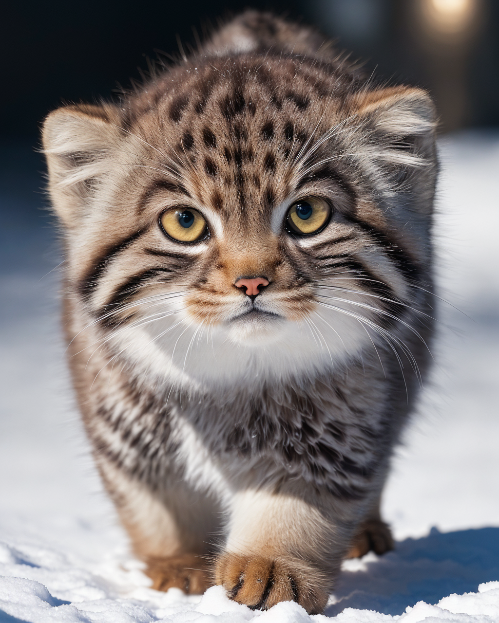 cut tusuncub walking in the snow, blurry, looking at viewer, depth of field, blurry background, full body, solo, (cute and...