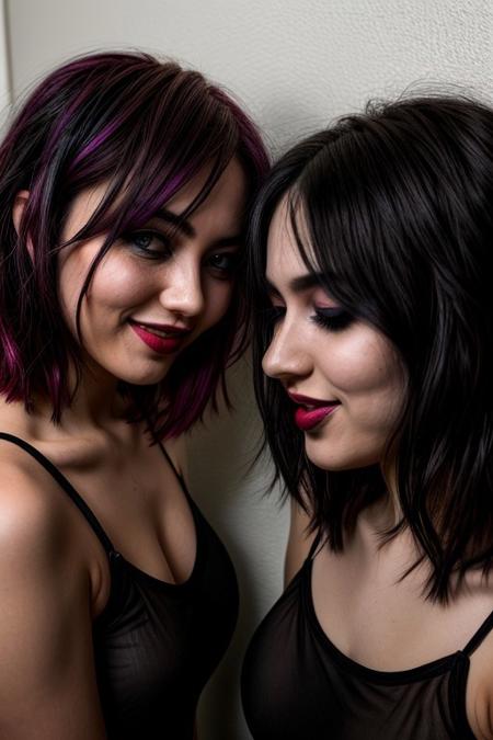 2girls, 35 year old milfs, colored hair, layered hair,  lip gloss, black camisole, white camisole, makeup, eyeliner,rimlight, college dorm, party, silhouette, laughing,