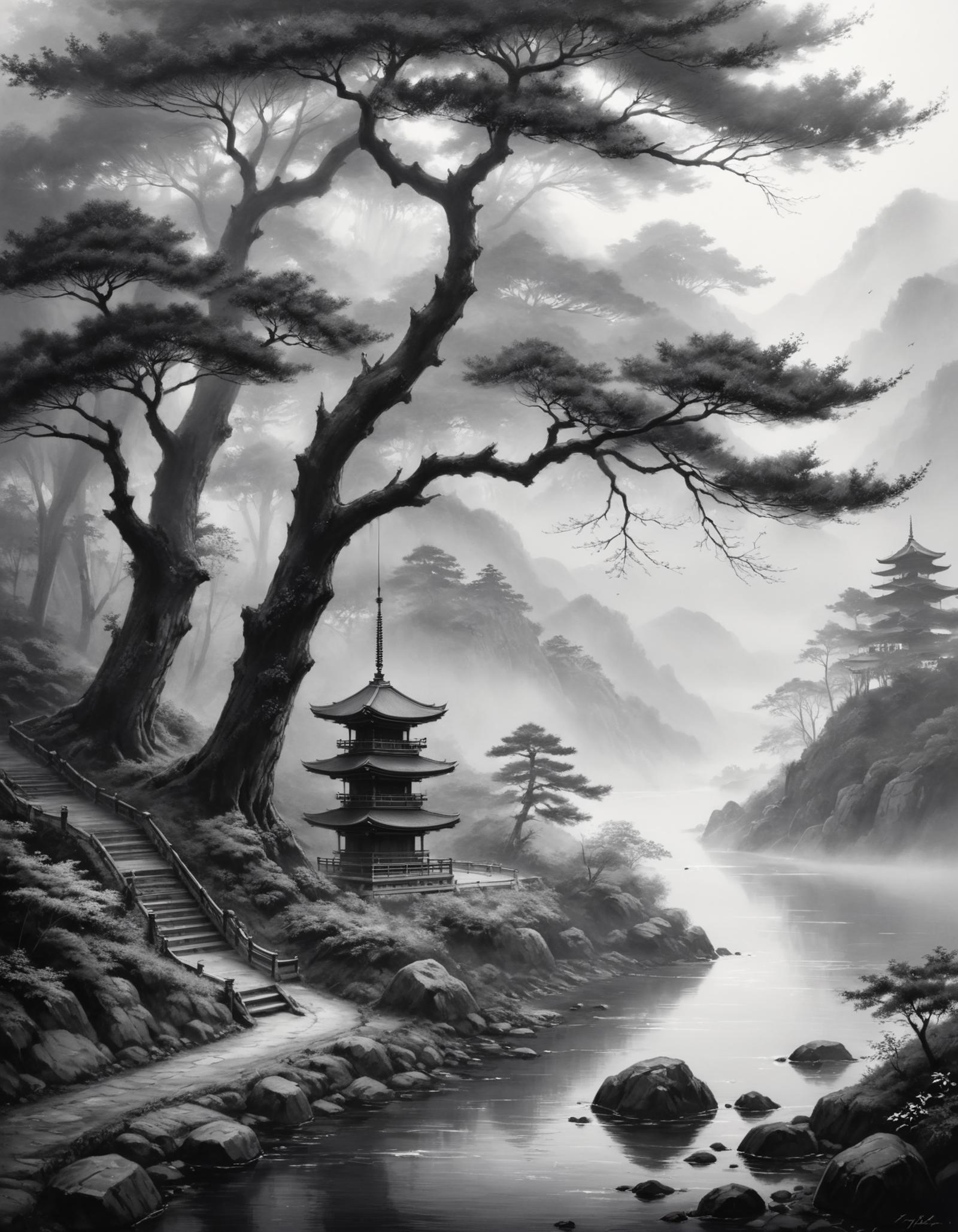 A painting of a temple in the mountains with a bridge leading to it.