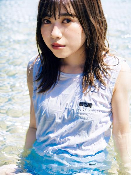 best quality, ultra high res, (photorealistic:1.4), <lora:sayurin:0.9>, 1girl, medium_hair, bangs, vest, short, beach