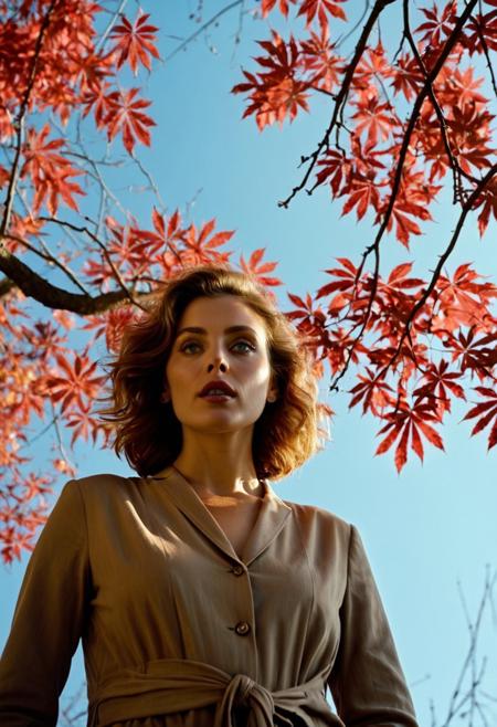 perspective Low-angle shot from very below of an elegant woman, 22 y.o, standing under a tree in autumn, with red leaves gently falling around her.  the camera points directly upward at a 90° angle, capturing the blue sky through the branches. Soft natural lighting, realistic details, slightly blurred background (bokeh), 8k uhd, high detailled body, high detailled eyes, masterpiece, realistic, realism, hyper-real, hyper-realism, soft light, kodak film, cinematic, futuristic in 100 yeard.