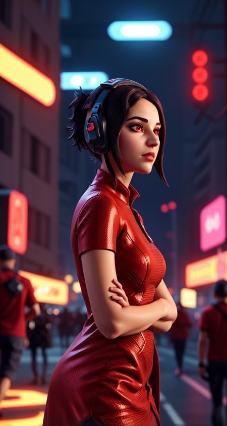 <lora:VRAMsDemi:0.5> vramsdemi, 1girl, neon dynasty, cyberpunk, mechanical, red dress, short sleeves, high collar, headshot, dystopian futuristic, timeless, impossible space, circular patterns, side view rule of thirds, off center, red eyes, crowd, lots of people, blurry background