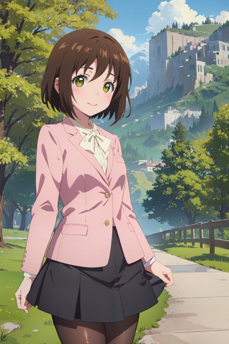 (masterpiece, best quality:1.4), looking at viewer, cowboy shot, smile, blush, aiko hatayama, short hair, brown hair, green eyes, school uniform, pink jacket, bow, skirt, pantyhose, black footwear, outdoors, nature, <lora:aiko_hatayama_v1:0.8>