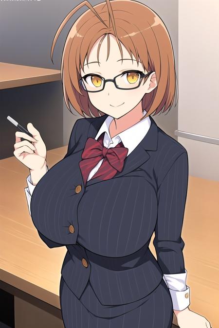 (masterpiece, best quality), highly detailed background, perfect lightingbest quality, chitoseSK, solo, indoors, teacher, brown hair, antenna hair, short hair, glasses, yellow eyes, large breasts, white shirt, open shirt, vertical-striped shirt, pinstripe suit, <lora:GoodHands-vanilla:1>, black skirt, miniskirt, pencil skirt, smile, closed mouth, <lora:Chitose_Senran-Kagura:0.7>