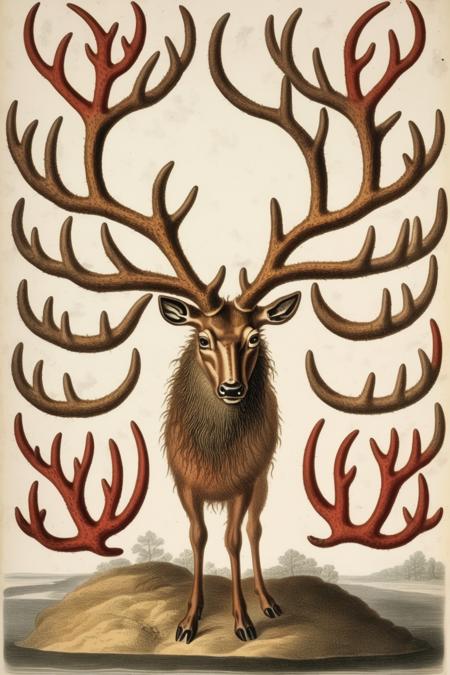 <lora:Mark Catesby Style:1>Mark Catesby Style - 103695. An illustration by Mark Catesby. An illustration of a stag in the midst of shedding its antlers, capturing a unique moment in its life cycle.