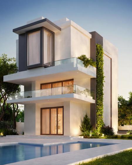 8k,realistic,a beautiful villa,plants,day time,shining,shadows,modern villa,