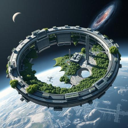 Highly detailed and futuristic digital artwork depicting a massive space habitat ring orbiting a planet. The ring structure is metallic and segmented, with various sections showcasing lush green landscapes, forests, rivers, and futuristic skyscrapers. The habitat appears to be self-sustaining with solar panels and other technological installations attached to its exterior. In the background, the curvature of the planet is visible, along with a distant moon and a starry sky featuring a nebula. The image combines elements of science fiction and advanced technology, creating a vision of a possible future in space colonization.