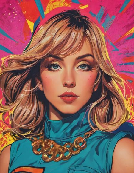 waist up  portrait of (syds woman), Vintage Film Style, comic book cover anime style, key visual, vibrant, studio anime, highly detailed, Hotline Miami style, neon,
 <lora:SydneySweenyXLDogu:1>