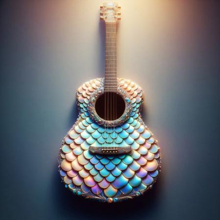 p1nk1r1sc4l3s, a guitar made out of iridescent scales, masterpiece, best quality, highly detailed, sharp focus, dynamic lighting