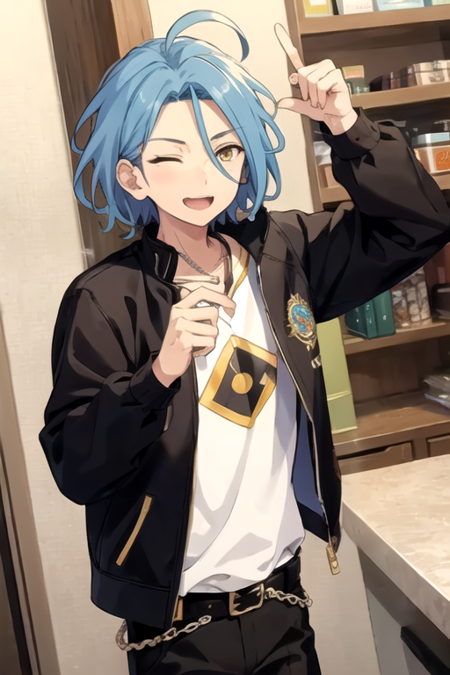 <lora:HiMERU:0.7> , himeru, solo, smile, open mouth, shirt, 1boy, jewelry, blue hair, jacket, yellow eyes, ahoge, male focus, one eye closed, belt, pants, necklace