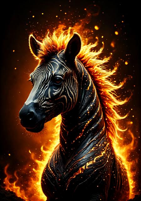 masterpiece, extremely detailed, sharp outlines, high contrast,  fine details, intricate, fantasy,  flamestyle,  zebra silhouette,  (black silhouette:1.2),  energy, fire particles,  intricate background, bokeh,  fire swirl patterns,, flux-style, Flame_Style-000009<lora:aidmaFluxStyleXL-v0.2.safetensors:0.32000000000000006:0.32000000000000006> <lora:challenge\Pony\Flame_Style-000009.safetensors:0.6000000000000001:0.6000000000000001>