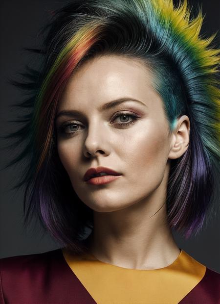 portrait of sks woman by Flora Borsi, style by Flora Borsi, bold, bright colours, rainbow Mohawk haircut, ((Flora Borsi)), <lora:locon_vanessaparadis_v1_from_v1_64_32:1>