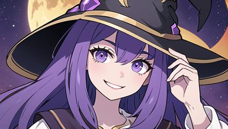 1whitch,evil,purple,in a purple dark universe,dark star sky,witch hat,((front face)),smile,looking at hand,(look down:0.9), masterpiece, best quality,4k,high quality