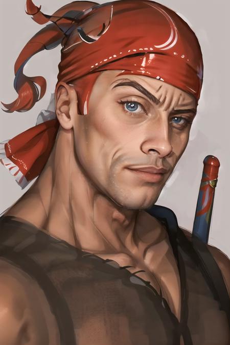 Highly detailed, High Quality, Masterpiece, beautiful, RocksEyebrowRaise, <lora:RocksEyebrowRaise:1>, 1boy, solo, portrait, raised eyebrow, thick eyebrows, Ricardo, red bandana on the head, <lora:Char_Sigmas_RicardoMilos:0.7>