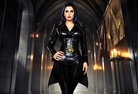 A striking female assassin stands confidently in a dimly lit, opulent alcove. Her tailored high-collar latex coat is cut like a noble uniform—flared at the waist into a sharp, regal tail, cinched tightly by a black belt adorned with a gold Assassin's eagle emblem. Beneath the coat, a gloss-black underbust corset defines her hourglass figure, paired with a structured rubber bodysuit that reflects the ambient light in shimmering curves. Her legs are encased in gleaming thigh-high latex heeled boots, detailed with subtle gold piping that echoes the insignia on her belt.
Her face is revealed—sharp cheekbones, a beauty mark beneath her left eye, vivid lightning-blue streaks running through sleek, side-swept hair. Her makeup is pristine: dark eyeliner, rouge lips, and arched brows that hint at mischief and authority.
Behind her, a forgotten sanctuary: gothic arches stretch overhead, walls of matte black stone inlaid with mirrored laminate panels. Floating dust catches warm golden candlelight. A tattered Assassin’s banner hangs on one pillar—embroidered in gold thread, aged but proud. The whole chamber hums with reverence and resistance, echoing her presence.