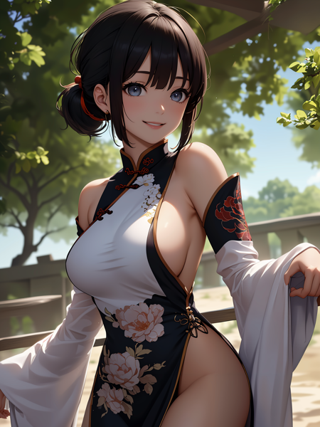 (anime,8k,masterpiece, top quality, best quality,beautiful and aesthetic:1.2,professional illustrasion:1.1,ultra detail:1.3,perfect lighting),extremely detailed,highest detailed,incredibly absurdres , highres, ultra detailed,intricate:1.6,
A girl resting in the shade on a summer morning.
The heat is causing a mirage on the ground.
The sun is shining and about to become intensely hot.
(girl),(Three kingdoms female),(highly detailed beautiful face and eyes,firm breasts),oily skin,((black,hair,short bob with short pony tail hair)),thin pubic hair,cute,lovely,(bare shoulders, china dress, chinese clothes, sideboob),cowboy shot,smile,