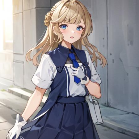 1girl, solo focus,
RangerKC, (blue and white)_two-tone dress, (blue skirt), short sleeves, blue necktie, white gloves, pantyhose, side braids, 
BREAK, oblique portrait view,
 <lora:Ranger-10:0.9>