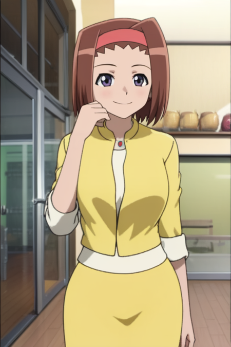 1girl, brown hair, hairband, solo, short hair, jewelry, jeans, pants, white shirt, yellow jacket