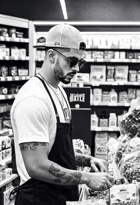 Monochrome badbunny a man working in a store,  <lora:badbunny:0.5>  . Black and white, contrast, tone, texture, detailed