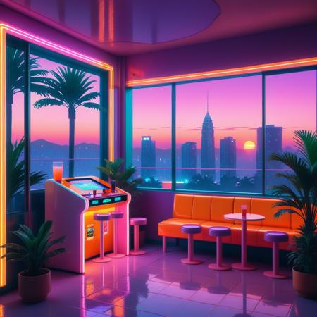 Retro arcade style vaporwave-inspired city avant garde penthouse apartment, at dawn, glowing with deep orange and pinkish colors, and soft lavender neon, a cat in stylish dynamic pose relaxing in retro booths sipping pastel-colored drinks, warm ambient lighting from neon menus and palm tree projections on glass walls, gentle rain outside and smooth lo-fi music vibes inside, digital plants pulsing with color, a dreamy blend of future tech and cozy nightlife,   <lora:World_of_Glass_Filament:0.9> w0gf1l, neon . 8-bit, pixelated, vibrant, classic video game, old school gaming, reminiscent of 80s and 90s arcade games