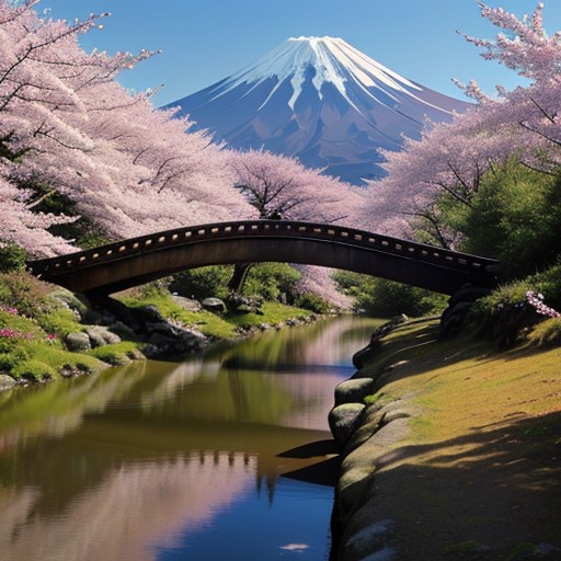 wooden arch bridge, river, crowd, mount fuji, boats, cherry tree, scenery, outdoors, (best quality), highly detailed, KHsty-XL