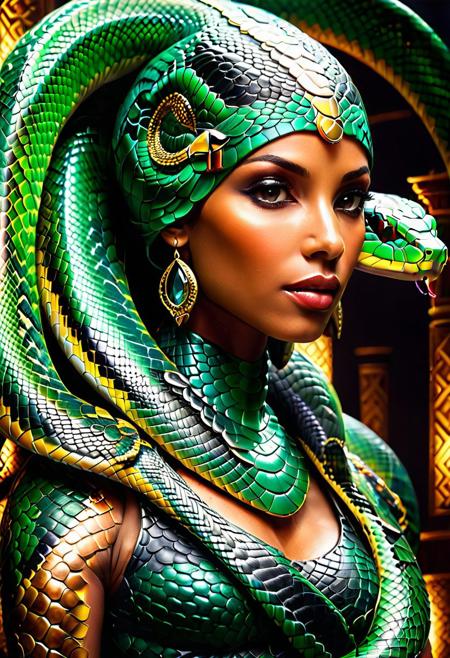 "A beautiful Egyptian lady wrapped by a snake around her neck, glowing under soft, eerie lighting, surrounded by discarded skin, detailed scales, surreal and unsettling atmosphere, photorealistic textures." <lora:SDXLFaeTastic2400:0.4> <lora:extremely_detailed:0.4> extremely detailed, <lora:sn4ke:1>,sn4ke, Masterpiece,best quality,hi res,8k,hi res,8k,award winning,(sharp focus, intricate, highly detailed), rating:safe