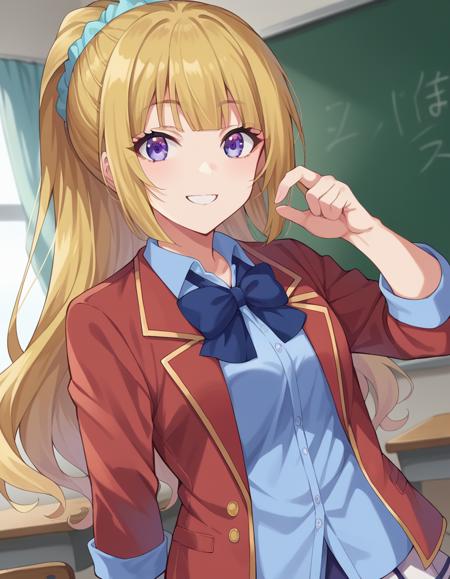 kei karuizawa, long hair, bangs, blunt bangs, purple eyes, blonde hair, shirt, hair ornament, ponytail, scrunchie, blue scrunchie skirt, shirt, bow, school uniform, jacket, red jacket, pleated skirt, bowtie, sweater, blue bow, blue shirt,