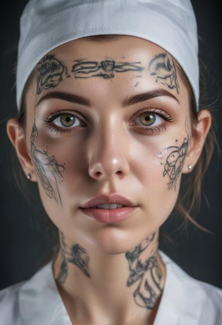 multi-exposure photo  beautiful nurse woman from paradise and amazing nurse alien, organic and incomprehensible tattoos,  duble alien-like pupils in the eyes, neat and strong lower jaw tense posture standing, tempting attractive hands, cinematic photography, soft focus, amazing depth of field, stunning extensive details, natural ambient lighting, add details xl,attractiveness