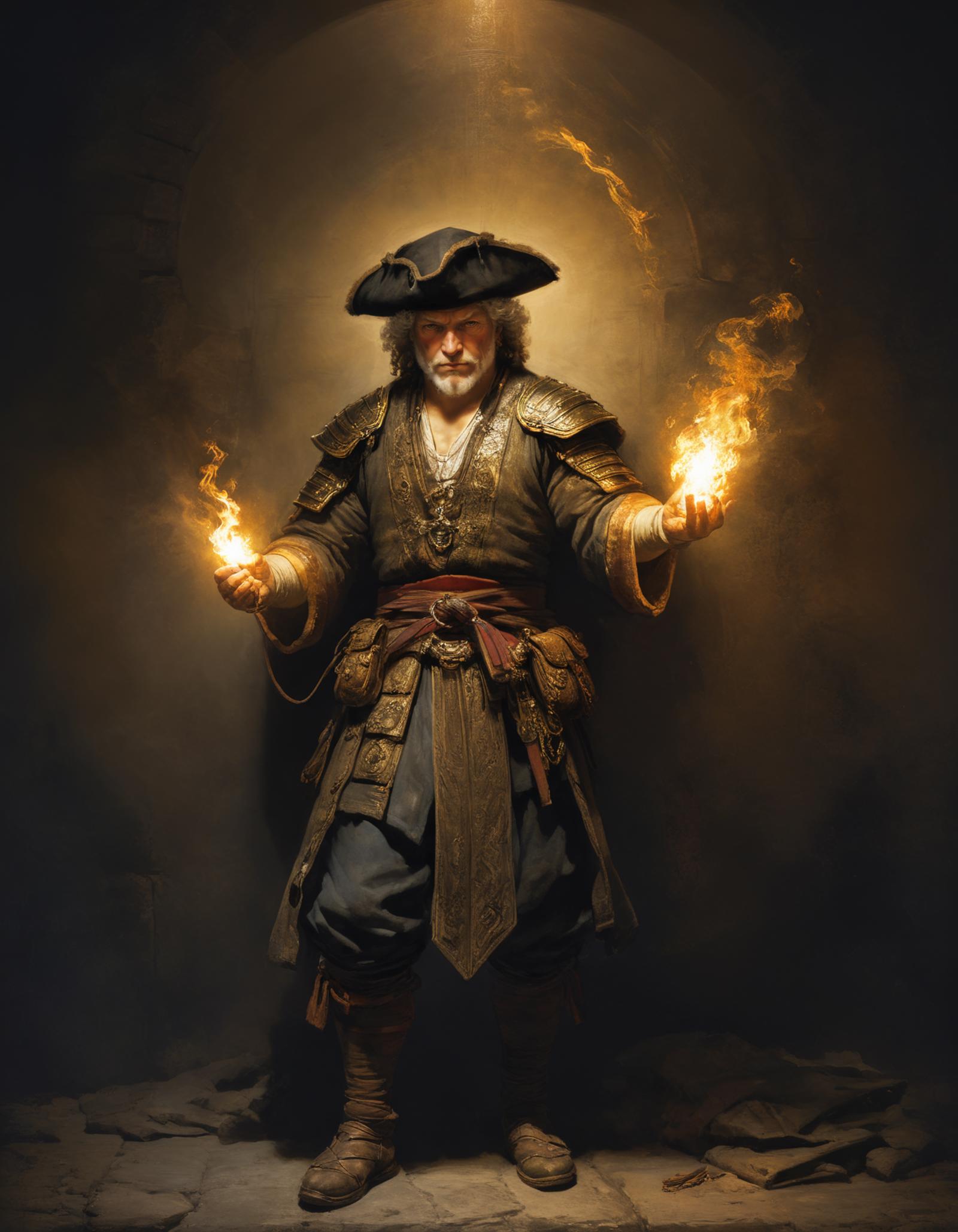 Man in pirate costume holding flaming torches in his hands.