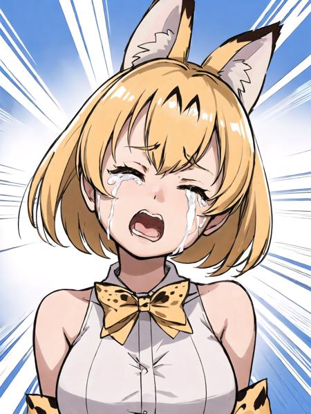 best quality, serval \(kemono friends\), bare shoulders, bow, serval print, white shirt, crying, closed eyes, head tilt, face focus, parody, bouncing hair, kemono friends, chibi, excessive streaming tears, blue sky, emphasis lines, 
<lora:envybetterhandsLocon_beta2:1>  <lora:press_conference_crying_v012:1>