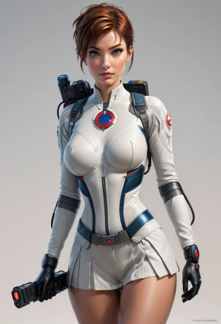 Anna, powered futuristic outfit, Ghostbuster1024, cleavage, sexy, style of stanley artgerm, artgerm style, white background, simple background